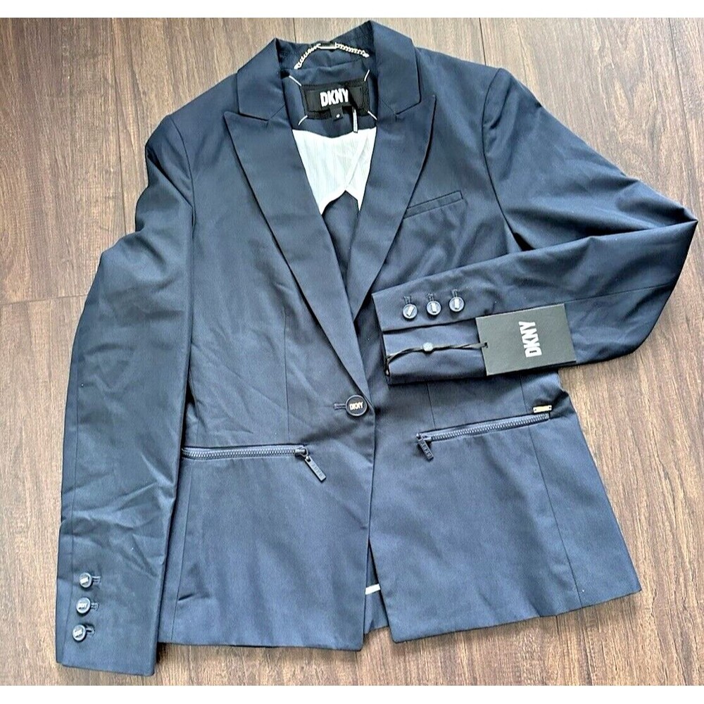 DKNY Women's Petite One-Button Blazer Cotton Zip-Pockets Formal Jacket Navy 6P - Picture 4 of 13